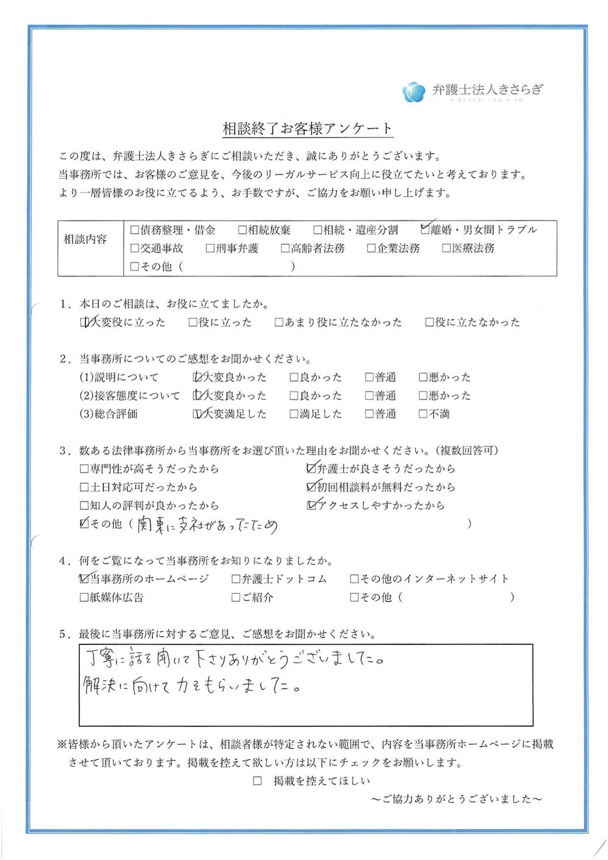 丁寧に話を聞いて下さりありがとうございました。解決に向けて力をもらいました