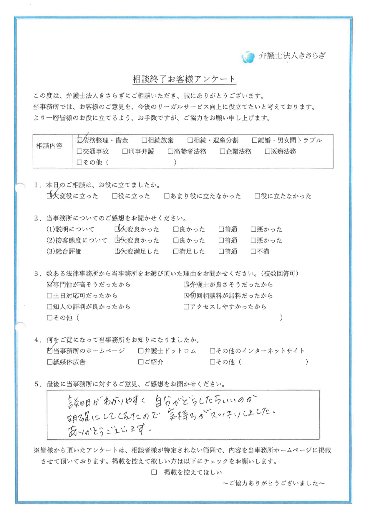 説明がわかりやすく、自分がどうしたらいいのか明確にしてくれたので、気持ちがスッキリしました。ありがとうございます