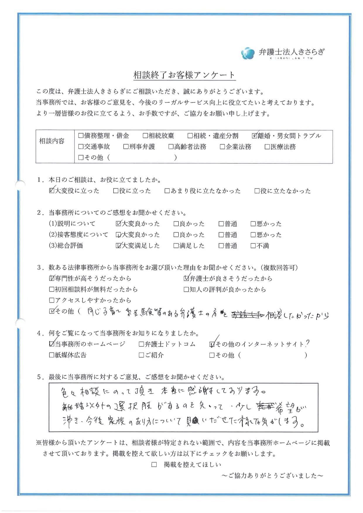 色々相談にのって頂き本当に感謝しております。離婚以外の選択肢があるのを知って、少し希望が湧き、今後家族のあり方について見いだせた様な気がします