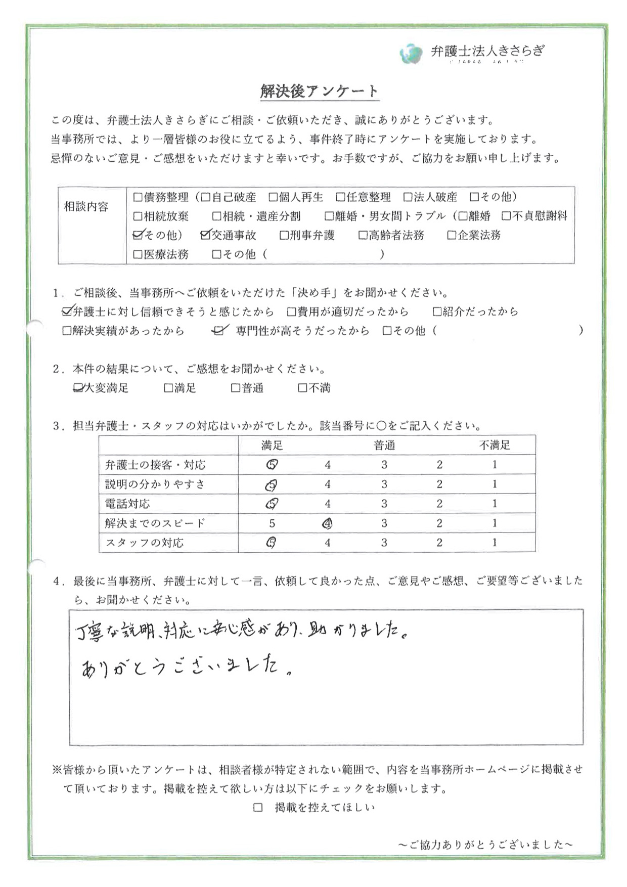 丁寧な説明、対応に安心感があり、助かりました。ありがとうございました