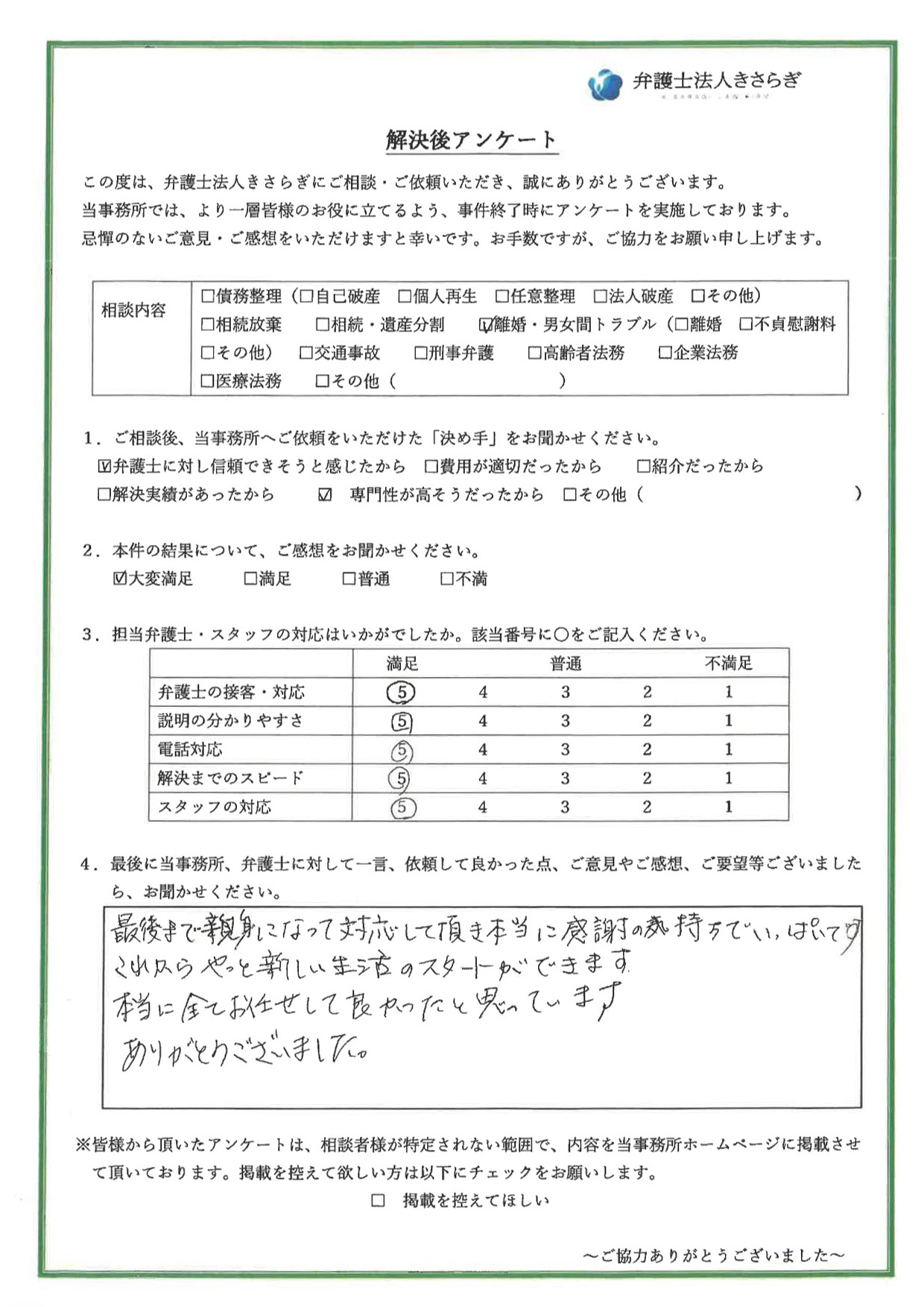 最後まで親身になって対応して頂き本当に感謝の気持ちでいっぱいです。これからやっと新しい生活のスタートができます。本当に全てお任せして良かったと思っています。ありがとうございました