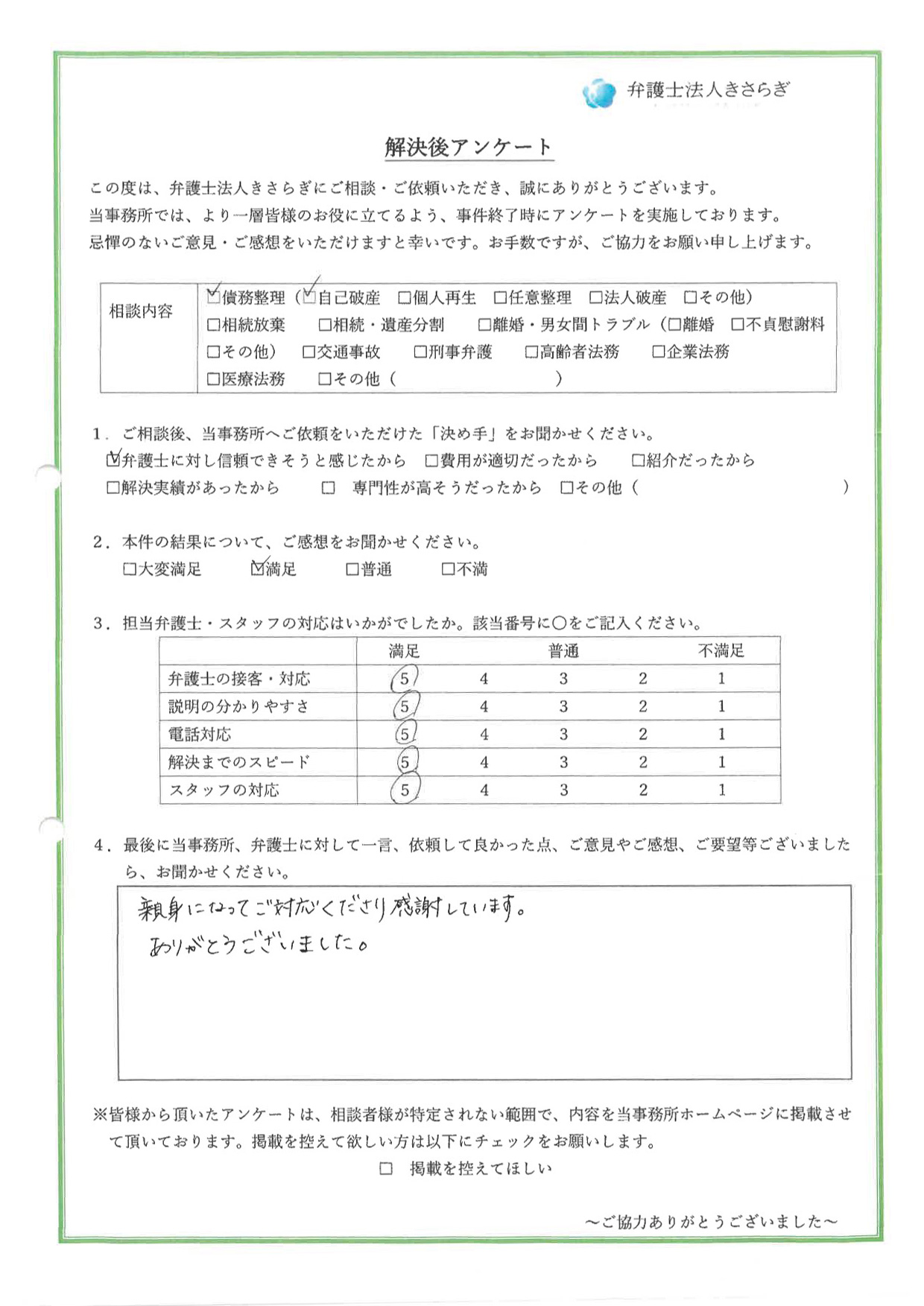 親身になってご対応くださり感謝しています。ありがとうございました