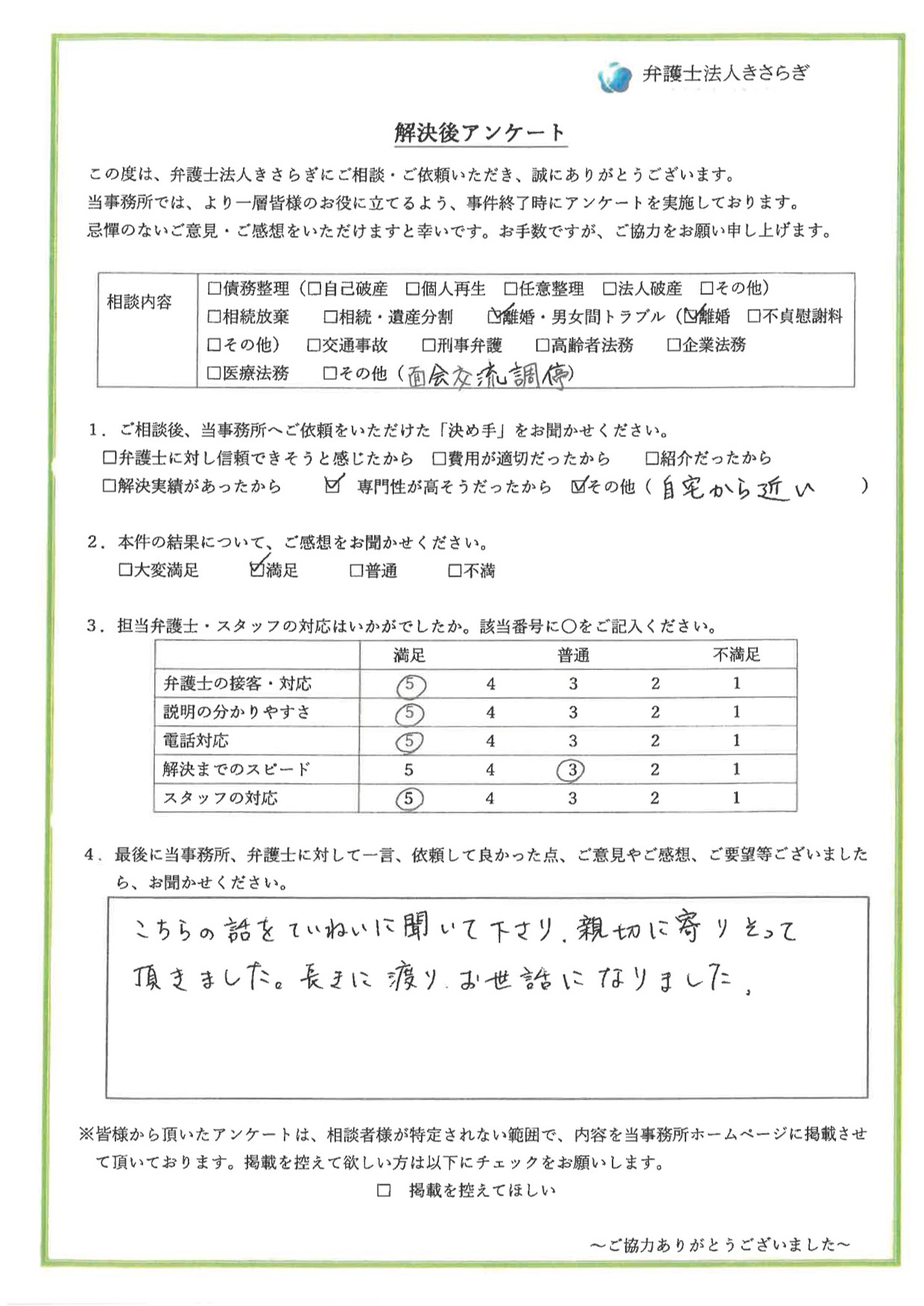 こちらの話をていねいに聞いて下さり、親切に寄りそって頂きました。長きに渡り、お世話になりました