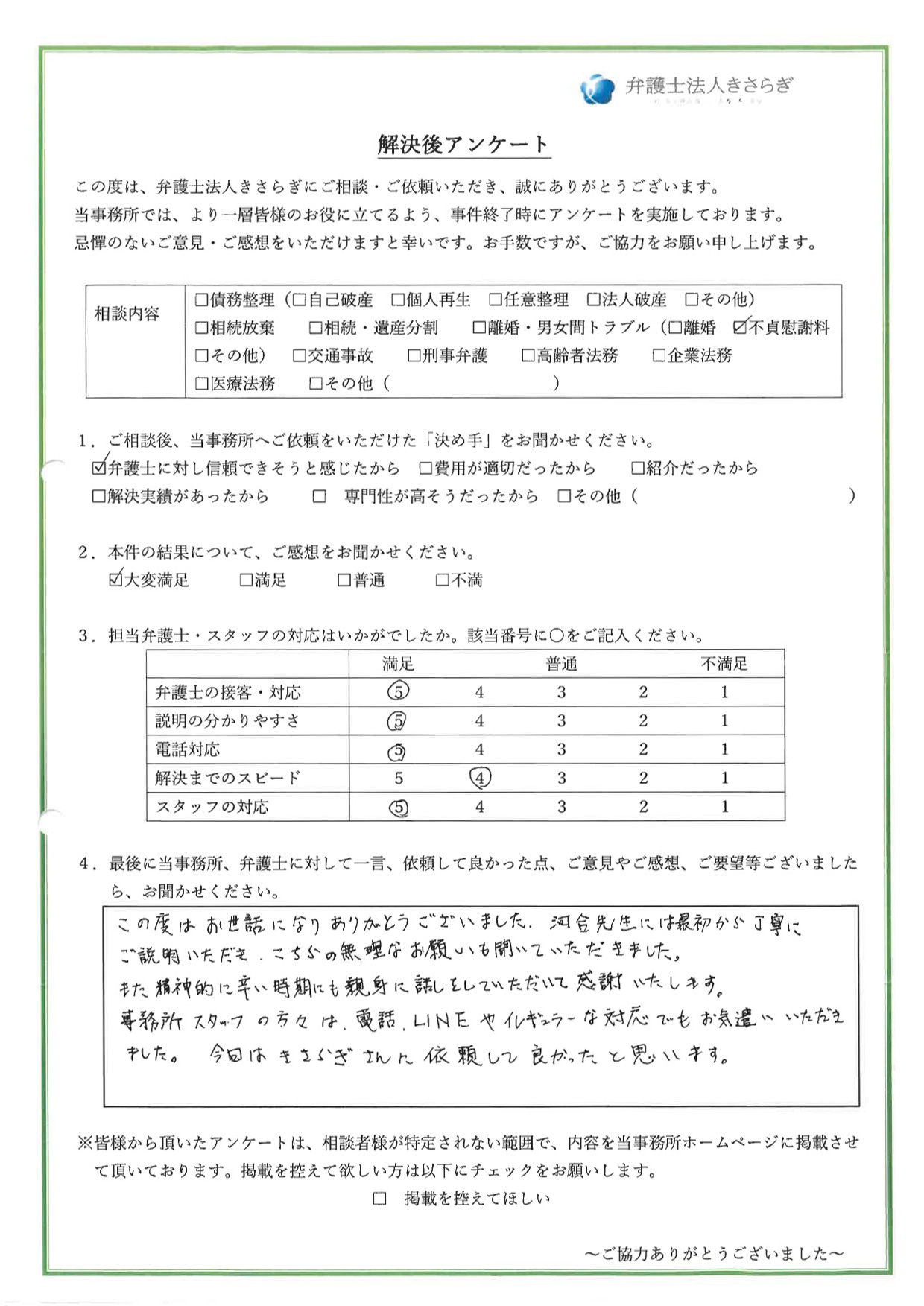 この度はお世話になりありがとうございました。河合先生には最初から丁寧にご説明いただき、こちらの無理なお願いも聞いていただきました。また精神的に辛い時期にも親身に話しをしていただいて感謝いたします。事務所スタッフの方々は、電話、LINEやイレギュラーな対応でもお気遣いいただきました。今回はきさらぎさんに依頼して良かったと思います