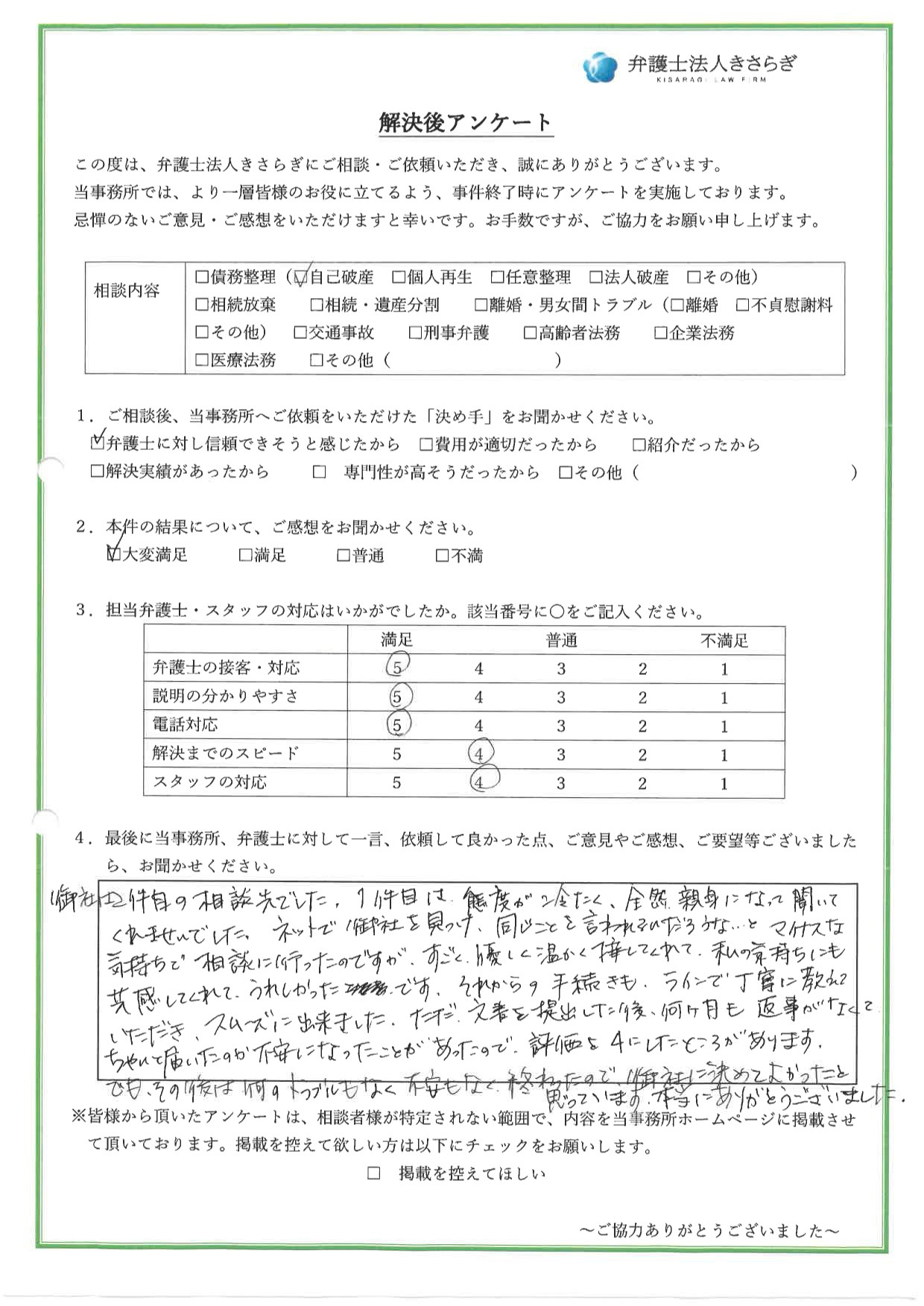 御社は2件目の相談先でした。1件目は態度が冷たく、全然親身になって聞いてくれませんでした。ネットで御社を見つけ、同じことを言われるんだろうな…とマイナスな気持ちで相談に行ったのですが、すごく優しく温かく接してくれて、私の気持ちにも共感してくれて、うれしかったです。それからの手続きも、ラインで丁寧に教えていただき、スムーズに出来ました。ただ、文書を提出した後、何ヶ月も返事がなくて、ちゃんと届いたのか不安になったことがあったので、評価を4にしたところがあります。でも、その後は何のトラブルもなく不安もなく終わったので、御社に決めてよかったと思っています。本当にありがとうございました